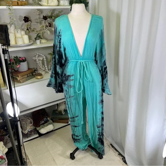 Jens Pirates Booty Blue and Black Cotton Gauze Wide Arm Jumpsuit - Picture 2 of 15